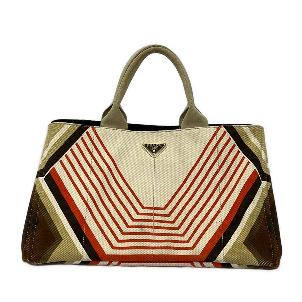 Prada Canapa Tote Bag BN1872 Dark Brown Cream Orange